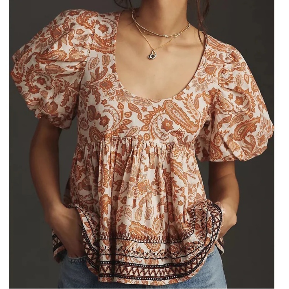 By Anthropologie Puff-Sleeve Babydoll Blouse Top Floral boho size XXS
